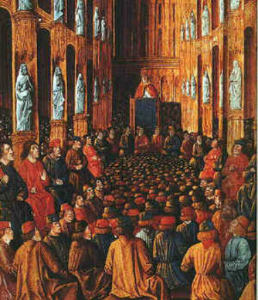 Pope Urban II at the Council of Clermont. Illumination from the Livre des Passages d'Outre-mer, of c 1490 (Bibliothèque National)